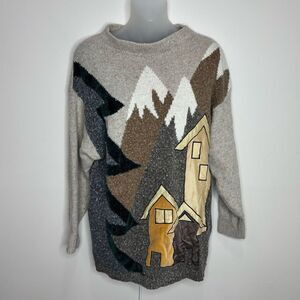 VTG Tony Lambert Womens medium Brown Tunic Sweater house graphic Silk blend y2k